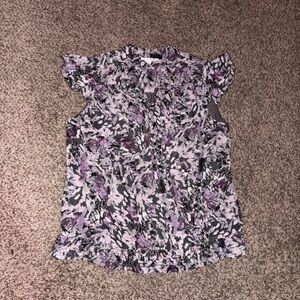 Purple and white floral blouse with ascot and frilly sleeves